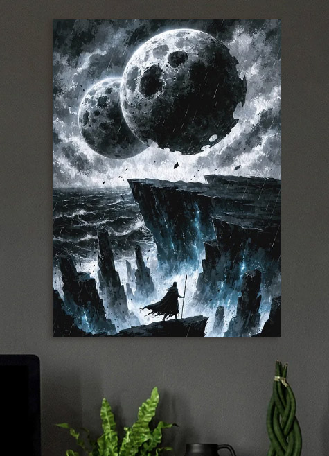 Figure on Cliff Under Two Moons — metal poster wall art by Lineer